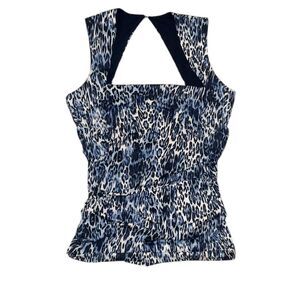 Cache Vintage Blue leopard print halter top with ruffle detail